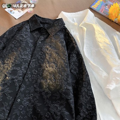 立体浮雕长袖衬衫男生春秋季白色法式休闲高级感大码英伦黑色外套