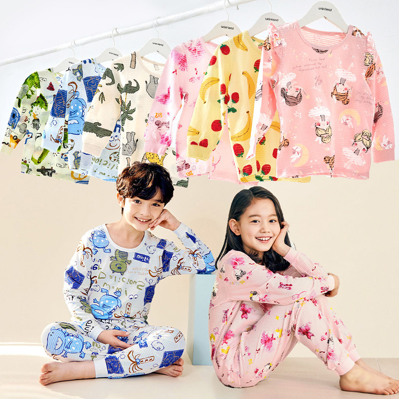 韩国儿童睡衣男春秋空调服女童竹节棉家居服薄款秋衣内衣宝宝衬衣