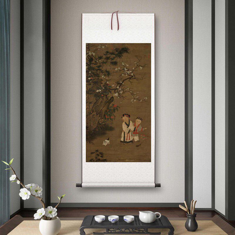 宋苏汉臣冬日戏婴图客厅书房茶室山水风景挂画饰画卷轴
