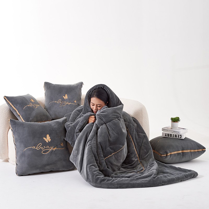 纯色加大抱枕被两用特厚加绒二合一可折叠毛毯办公室卡车沙发睡觉