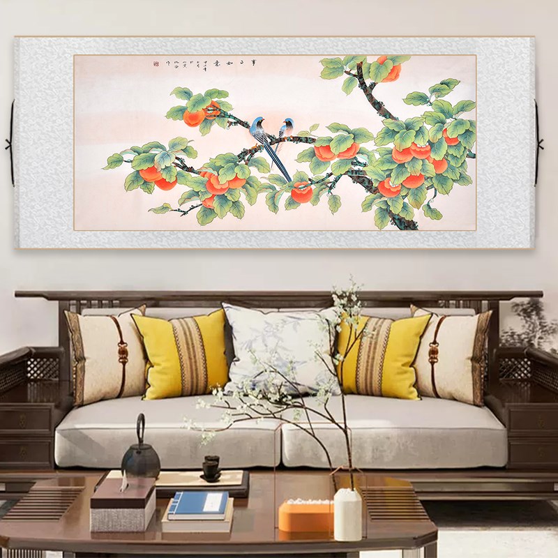 事事如意柿子画名国画鸟卷轴挂画客厅饰画书房茶室壁画横 - 实物图