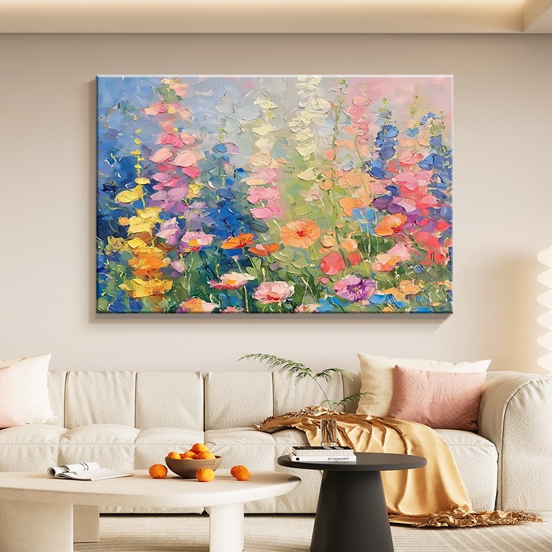 彩色花卉奶油风沙发背景墙装饰画大芬油画村2025新款壁画客厅挂画图片