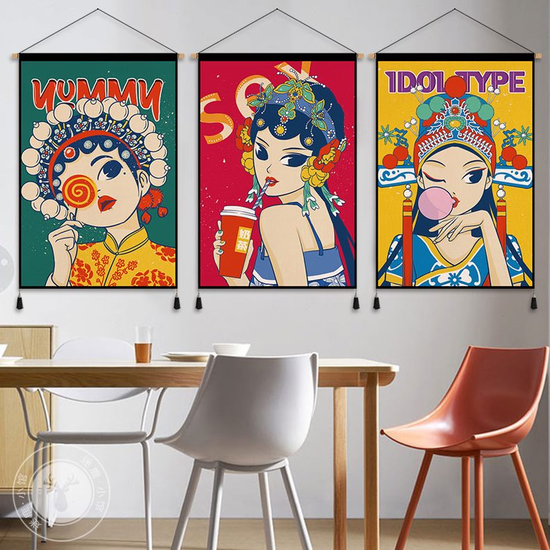 国潮美女挂毯挂布新中式装饰画民宿京剧戏曲布布艺人物背景布挂画图片