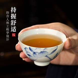 三勤堂陶瓷主人杯单杯女白瓷手绘茶杯功夫茶景德镇青花茶盏荷花杯