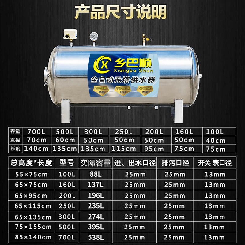 真304卧式无塔供水器不锈钢压力罐加厚家用全自动大容量水塔水箱