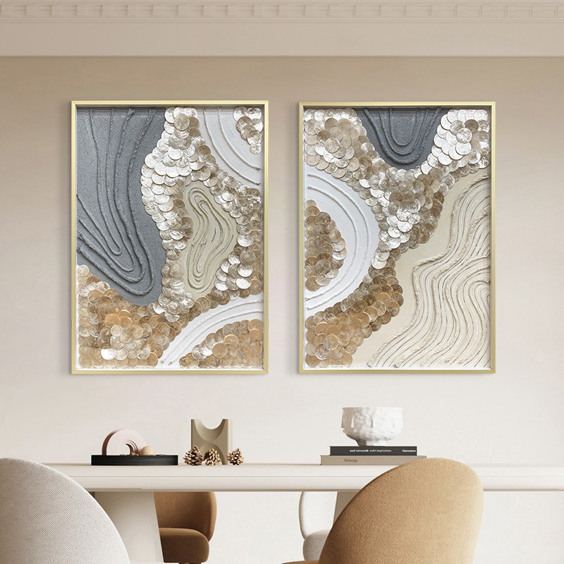 创意轻奢贝壳装饰画客厅玄关卧室两联画手绘抽象艺术油画立体挂画图片