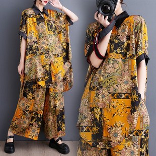 2023夏装新款民族风印花撞色A中长款衬衫宽松阔腿裤两件套套装