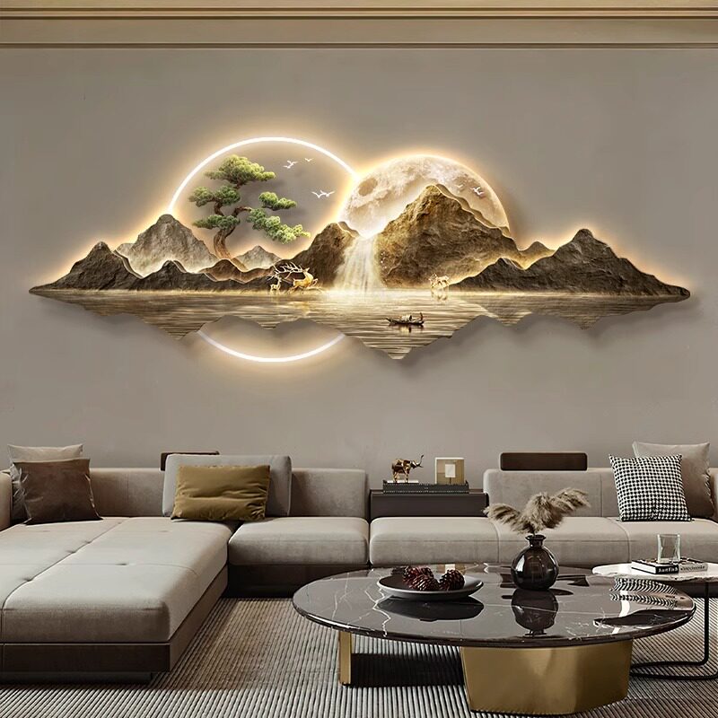 灯光画客厅装饰画有靠山流水生财高端大气JLED挂画沙发背景墙壁灯