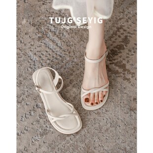 一字带粗跟凉鞋女夏2024新款百搭仙女风高跟大码P女鞋41一43宽胖