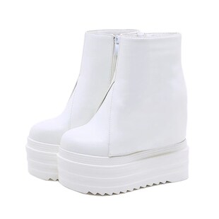 15CM超高跟鞋坡跟短靴s女秋冬恨天高厚底内增高马丁靴白色松糕皮