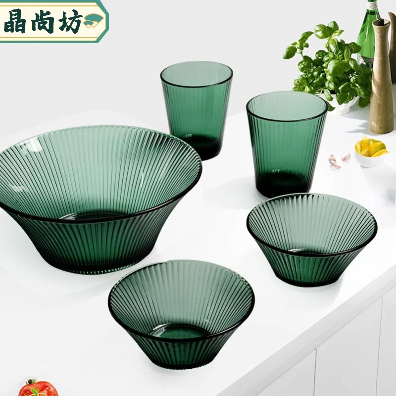 高颜值绿色c玻璃碗玻璃盘碗碟套装家用厨房菜盘米饭碗甜品碗沙拉