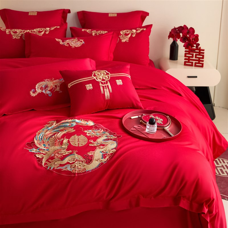 高端红色结婚四件套纯棉喜被陪嫁被套新婚房简约婚庆六件床上用品
