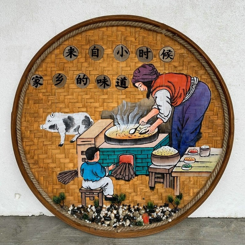 复古手绘竹编画面馆米粉店餐厅饭店农庄墙壁墙面装饰圆形竹编挂画图片