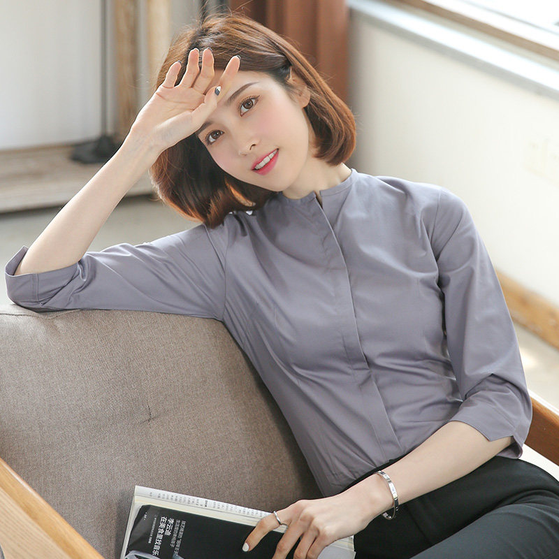 灰色衬衫女职业七分袖中袖工作服2021夏季新P款设计感小众无领衬