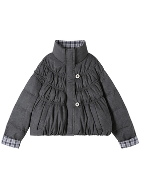 【米粒严选】2-27F C 新款法式抽褶拼格纹立领羽绒外套 M62