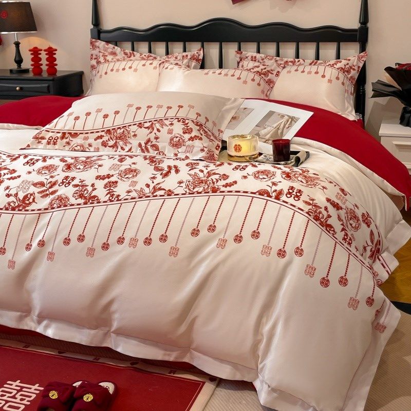 新中式喜b字结婚四件套红色新婚床单被套婚庆床上用品婚房陪嫁,床上用品,婚庆床品套件,淘宝优惠券,粉丝福利购,淘宝优惠卷