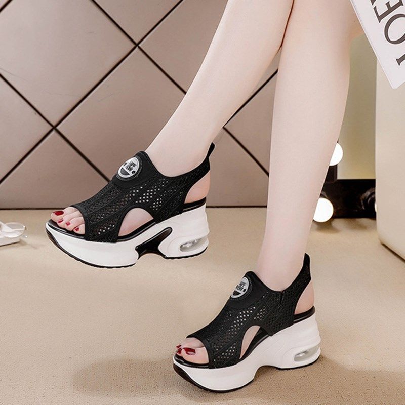 鱼嘴凉鞋女夏季2k025新款小个子内增高女鞋8cm坡跟休闲旅游鞋网鞋,女鞋,罗马凉鞋,淘宝优惠券,粉丝福利购,淘宝优惠卷