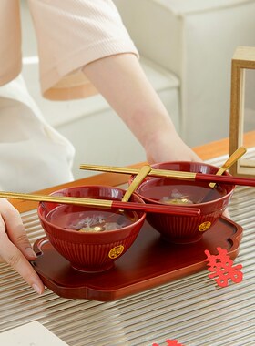 结婚喜碗筷套装一对送新人礼物女方陪嫁实K用订婚礼品红色新婚对