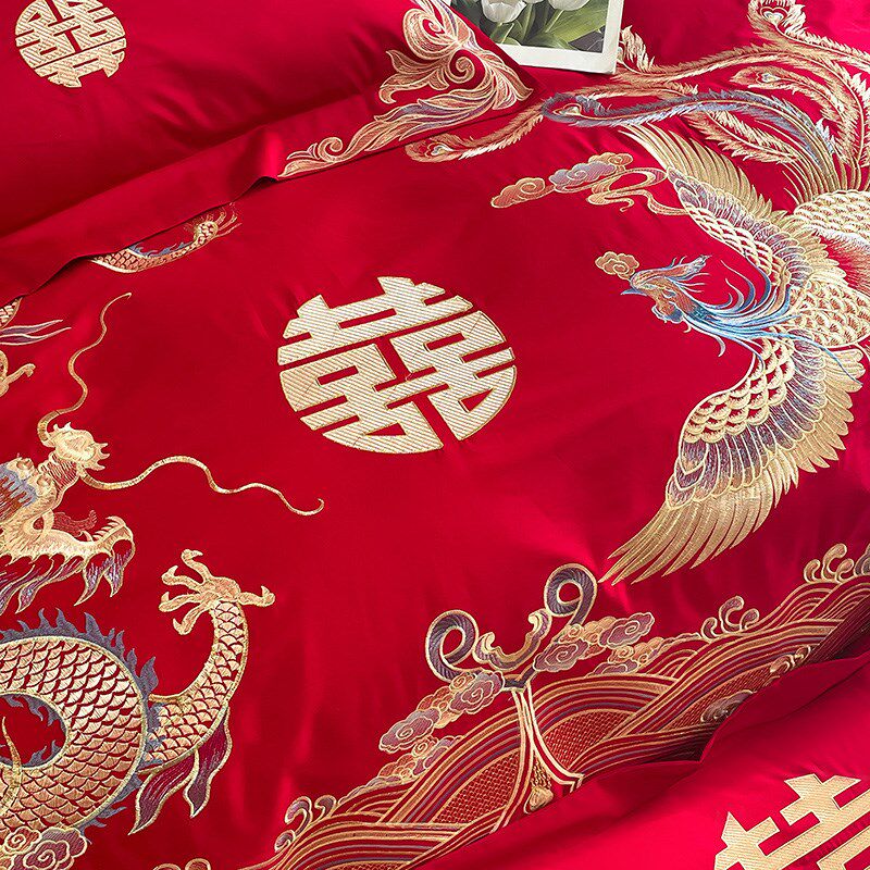 新中式200支结婚四件套大红色龙凤刺绣被N套陪嫁婚庆床上用品4,床上用品,婚庆床品套件,淘宝优惠券,粉丝福利购,淘宝优惠卷