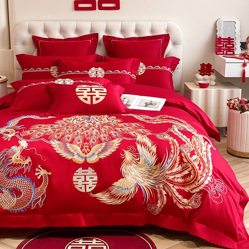 中式龙凤刺绣结婚四件套床单B被套婚房大红色婚庆床上用品,床上用品,婚庆床品套件,淘宝优惠券,粉丝福利购,淘宝优惠卷
