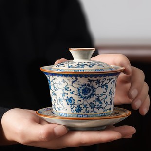 2024三才盖碗 青花汝窑盖碗茶杯单个茶具家用茶碗功夫茶具套装