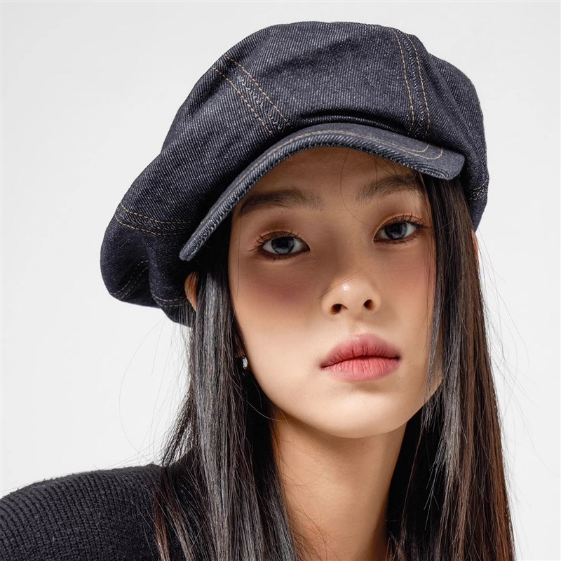 春夏牛仔八角帽子女显脸小日系云朵帽大头围百搭复古简约画家帽