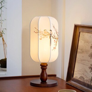 宋代美学实木卧室台灯床头灯新中式喜鹊竹叶装饰氛围布艺简雅灯具