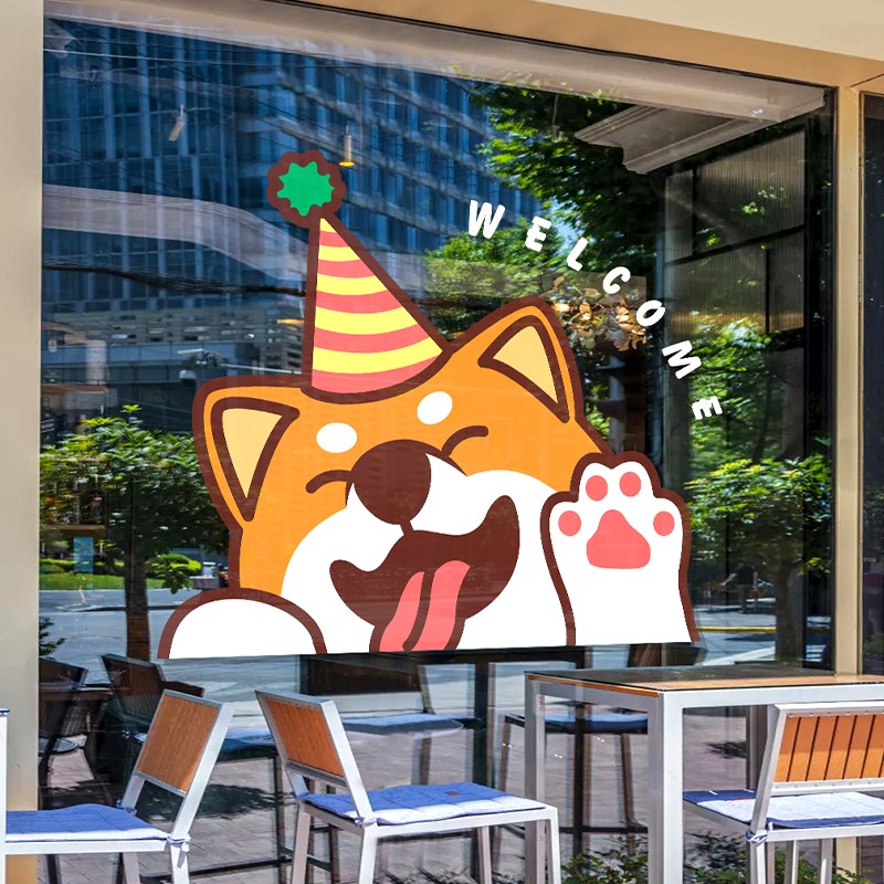 卡通可爱小狗装饰橱窗玻璃门贴纸欢迎海报咖啡宠物店静电无胶贴画