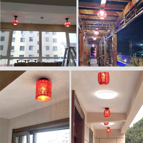 中国红灯笼现代中式景德镇LED陶瓷单头阳台过道玄关吸顶吊灯实木