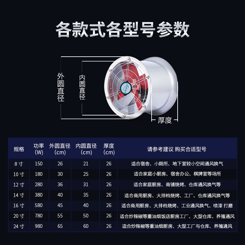 工业级排气扇厨房油烟管道抽风机强力轴流排风扇换气扇免打孔安装