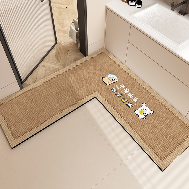 复古木纹L型浴室地垫吸水转角脚垫洗手间卫生间厕所门口防滑地毯