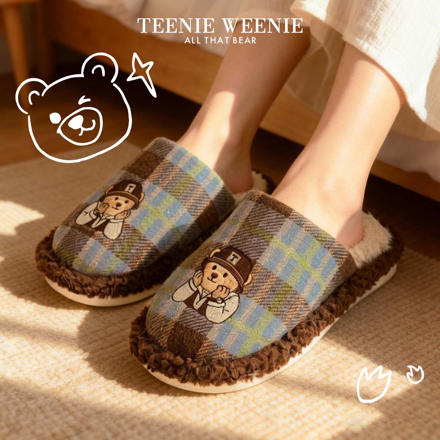 TeenieWeenie小熊刺绣保暖拖鞋情侣居家室内冬季毛绒棉拖2026新款 - TeenieWeenie家居旗舰店出品