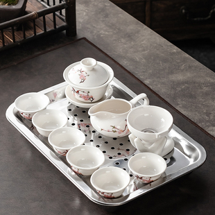 不锈钢茶盘家用办公室会客中式 功夫茶具套装 陶瓷茶杯简约泡茶器O