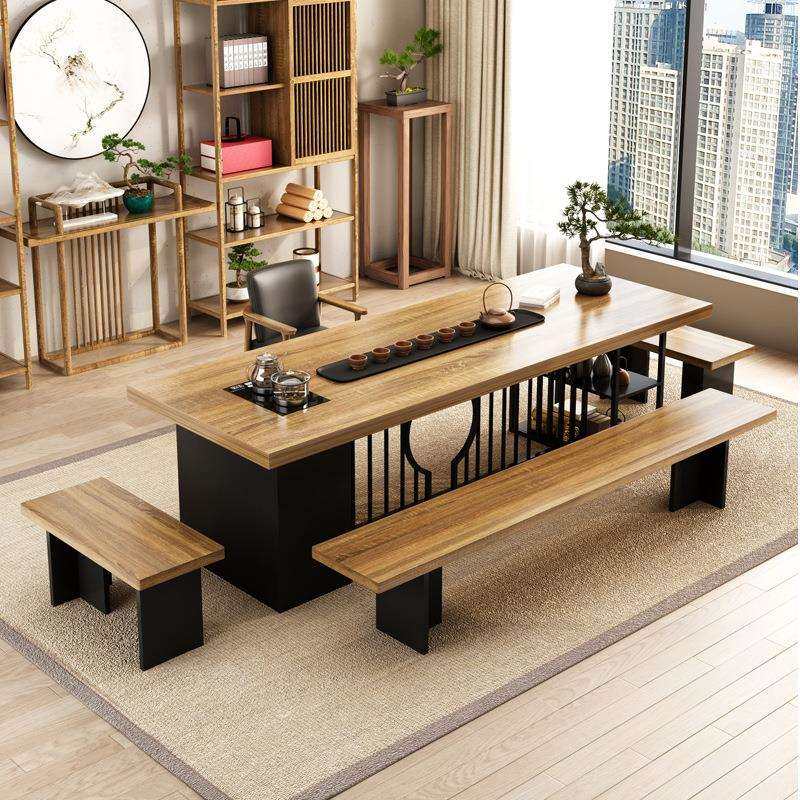 实木茶桌椅组合铁艺带柜子现代简约办公室家用原木茶台大板泡茶桌