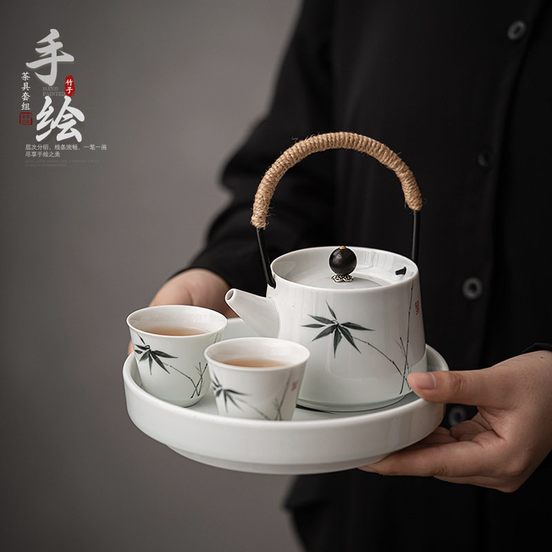 手绘墨竹提梁壶茶杯茶盘全套酒店民宿餐厅专用泡茶套装一壶二杯