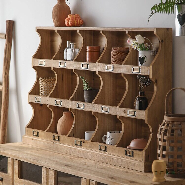 复古实木多层格收纳柜园艺柜子 花店客厅卧室镂空格子柜灯饰花架