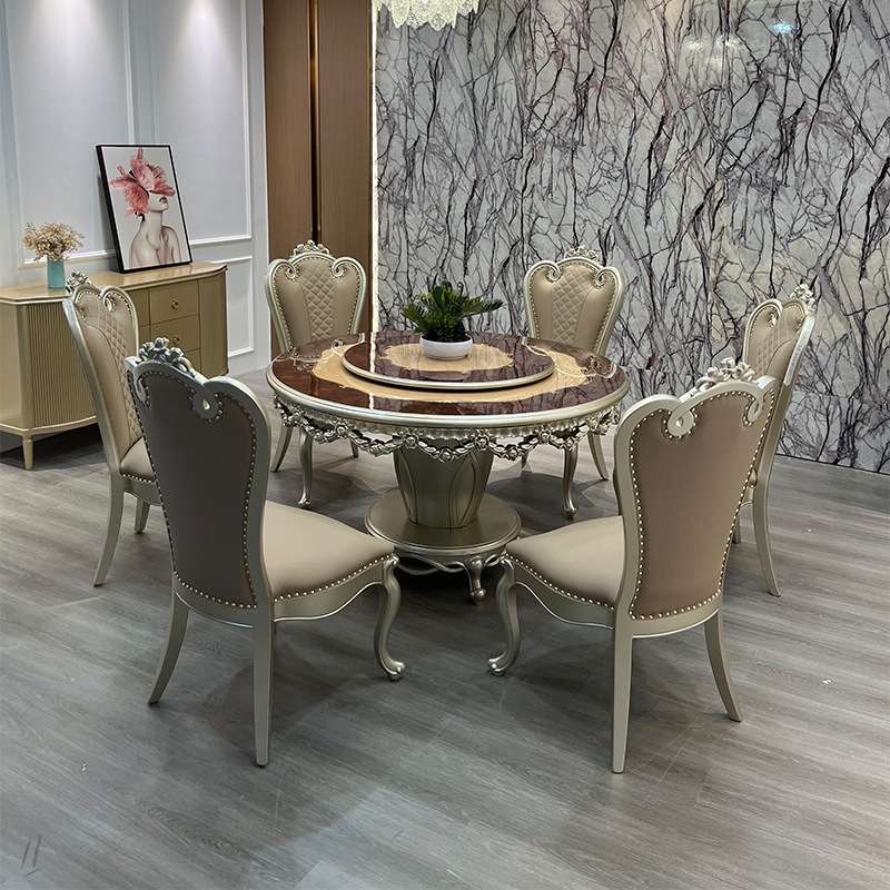 欧式美式实木轻奢餐桌简约圆桌大理石餐桌椅高档家用组合奢华饭桌