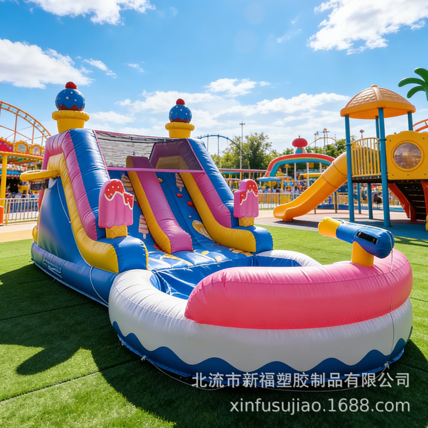 儿童充气水滑梯户外家用戏水玩具海豚鲨鱼海盗椰树水滑梯水上乐园
