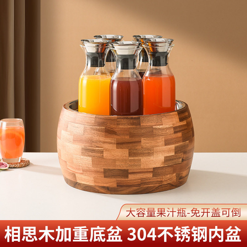 自助餐果汁展示盆果汁鼎饮料桶玻璃壶实木盆不锈钢酒店餐厅商用