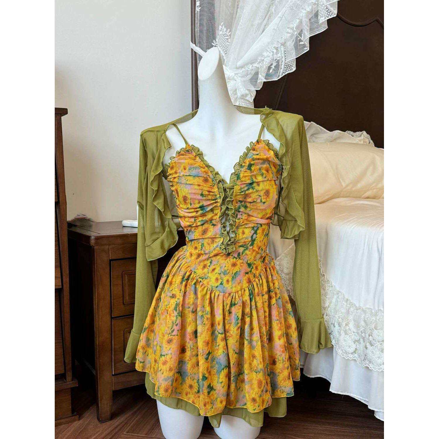 复古印花连体裙式泳衣撞色绑带V领显瘦泡温泉海边度假