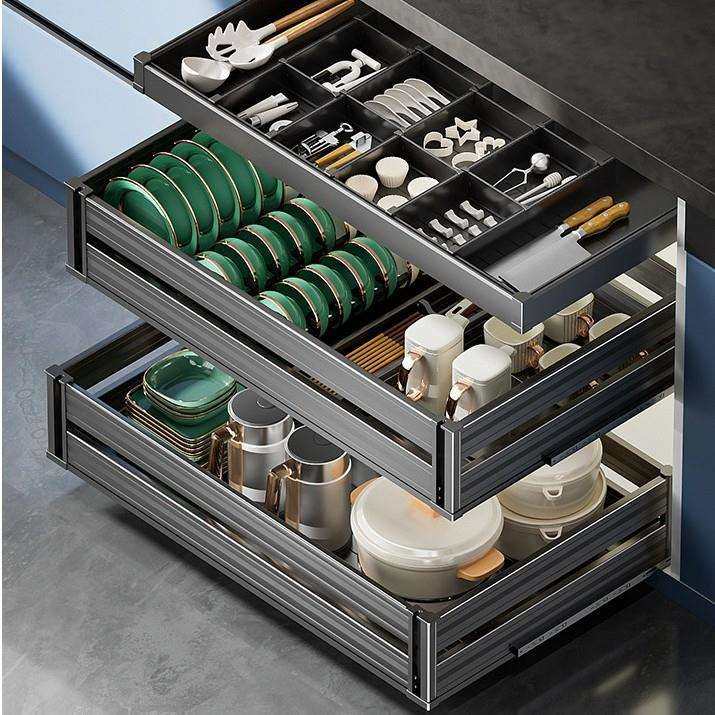 碗碟拉篮厨房橱柜内置双层抽中抽屉式碗篮太空铝合金三层厨柜碗架