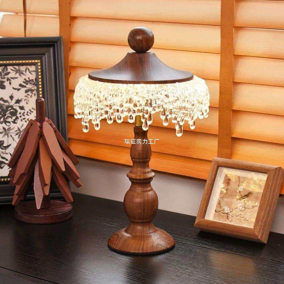 中古台灯卧室床头灯轻奢高级感美式复古中式结婚长明夜灯胡桃木色