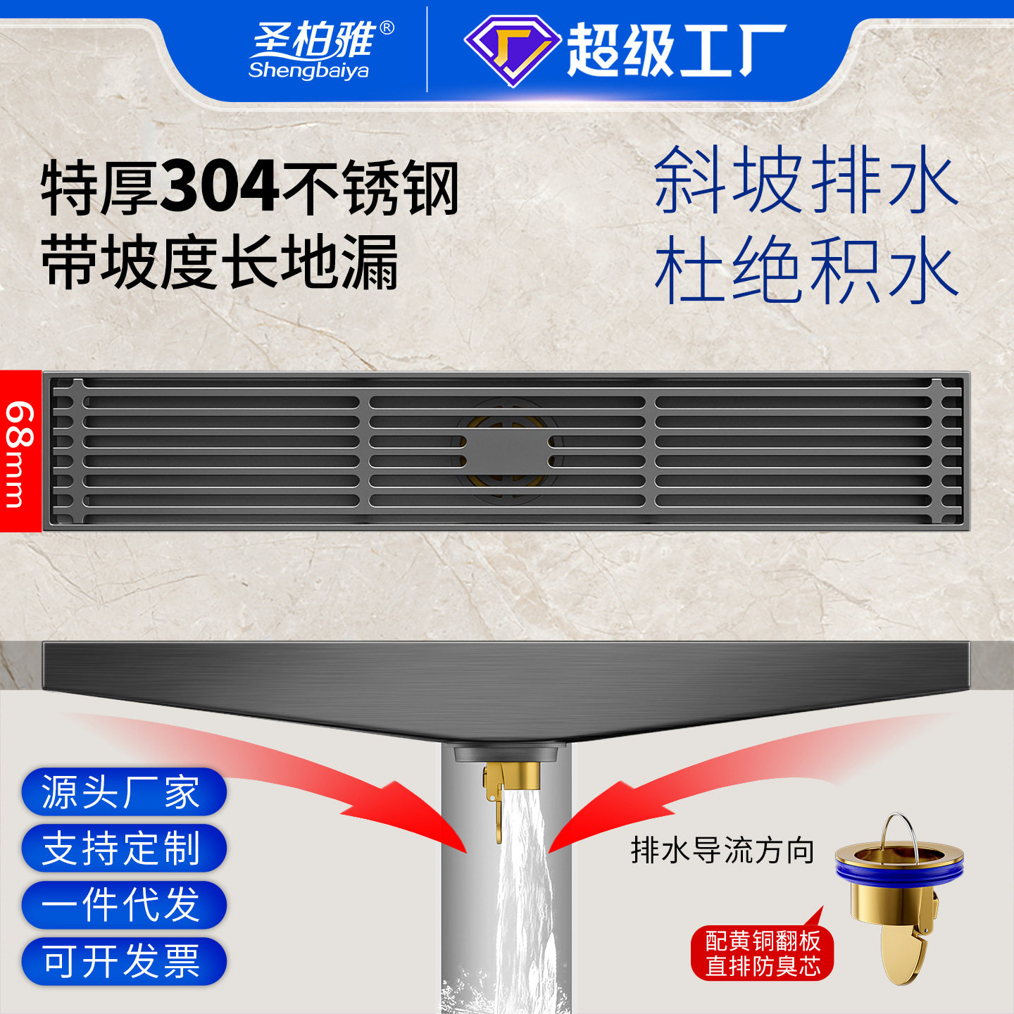 68宽坡度长条地漏 304淋浴房格栅长方形枪灰色防积水防臭防虫排水
