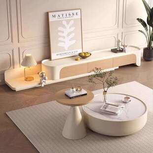 奶油风实木岩板茶几客厅家用原木色拉伸电视柜组合大小户型落地柜