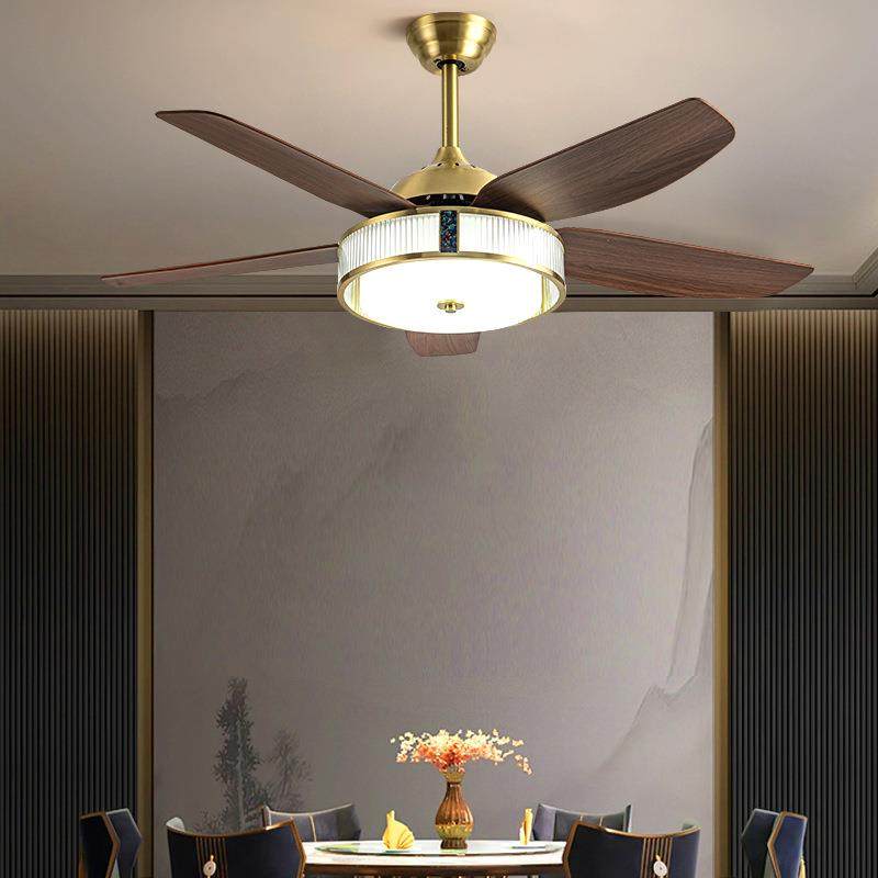 全铜风扇灯高端新中式轻奢现代吊扇灯餐厅带电扇吊灯流光彩贝