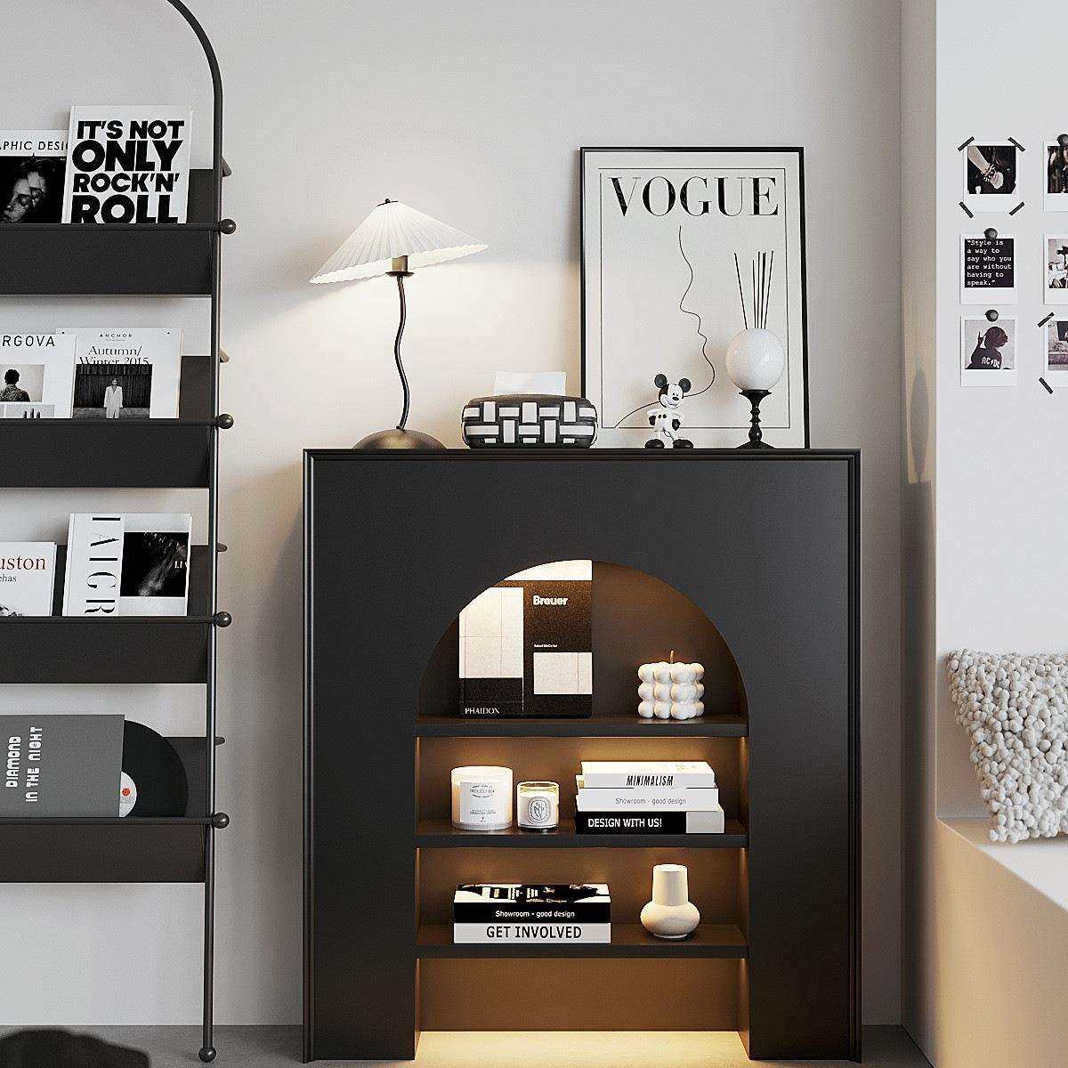 法式带灯仿真壁炉装饰柜黑色展示玄关边柜复古靠墙置物架直播背景