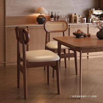 新中式椅子复古餐椅家用实木藤编靠背椅茶室藤椅高级感胡桃色茶椅