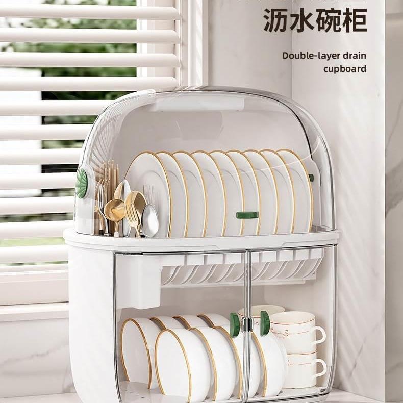 碗碟收纳架家用厨房双层碗柜带盖沥水装盘收纳箱置物架碗筷收