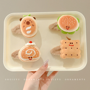 秋冬可爱食物毛绒汉堡发夹女侧边刘海碎发bb夹子头饰大号发卡边夹