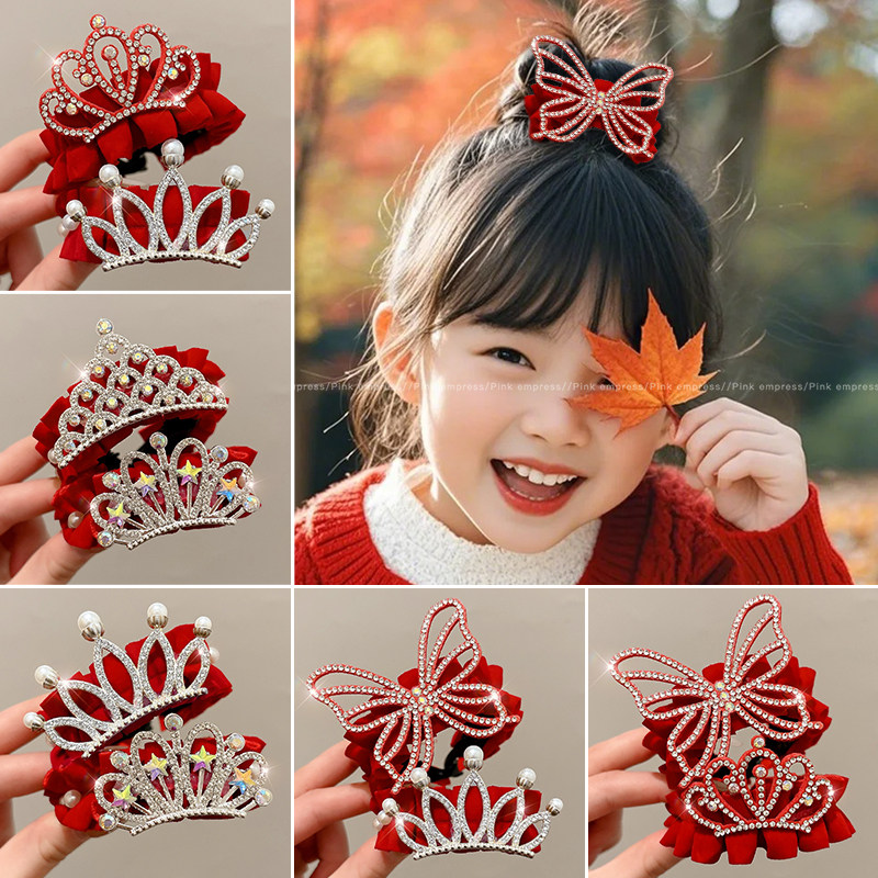 儿童新年丸子头盘发神器红色发夹女童皇冠发扣过年扭扭夹发卡发饰
